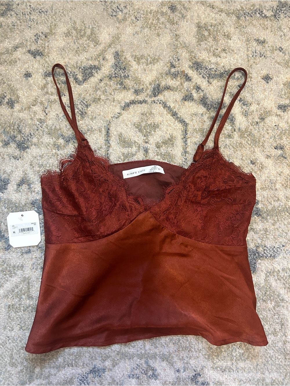 Altar'd State Terra Satin Lace Top in Rust